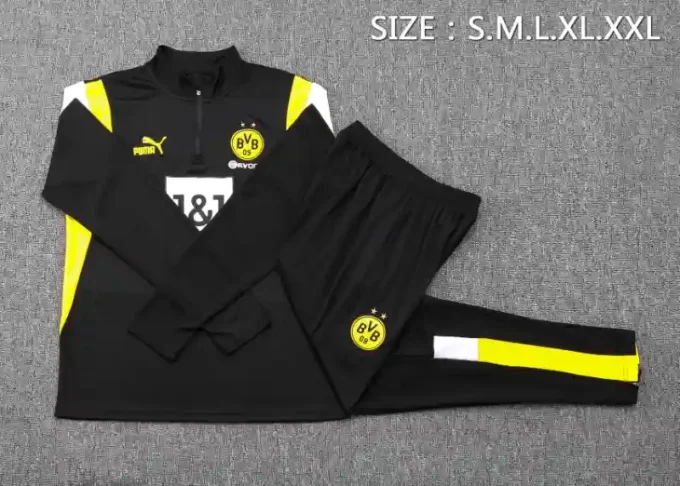 23-24 Dortmund Half Zipper Long Sleeved Black Training Suit（Shoulder White Yellow) - Image 9