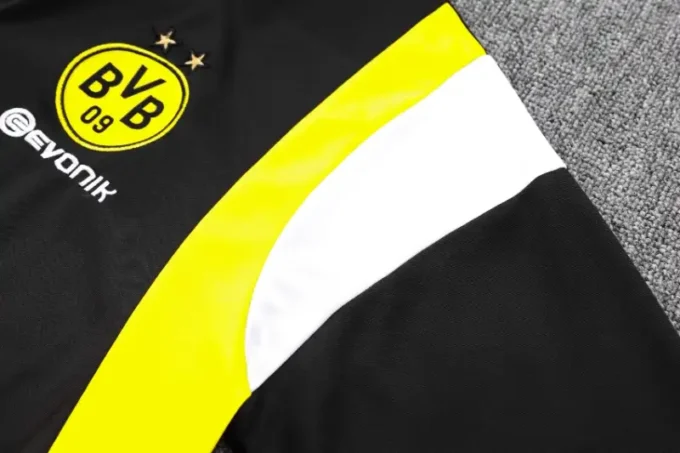 23-24 Dortmund Half Zipper Long Sleeved Black Training Suit（Shoulder White Yellow) - Image 3