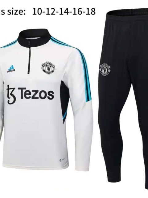23-24 Kids Manchester United Half Zipper Long Sleeved White Training Suit