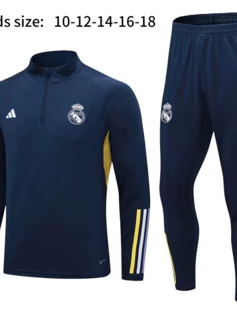 23-24 Kids Real Madrid Half Zipper Long Sleeved Royal Blue Training Suit