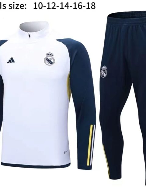 23-24 Kids Real Madrid Half Zipper Long Sleeved White Training Suit